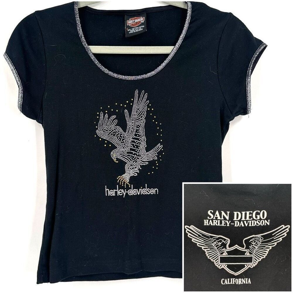 Harley Davidson Women’s Studded Silver Eagle Short Sleeve Small‎ Shirt Cropped